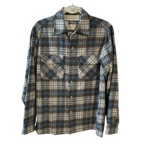 Vtg Pendleton 1960's Men's Button Down Shirt Gray/Blue Plaid Wool Pocket USA S